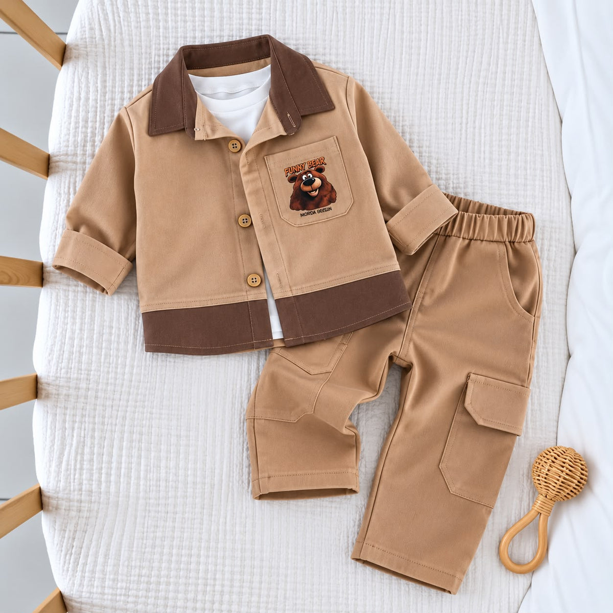 Tan Funny Bear baby shirt jacket with brown trim and matching cargo trousers