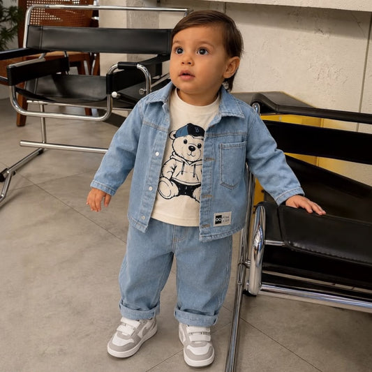 Toddler boy wearing PUBA Kids Bear Denim Set standing