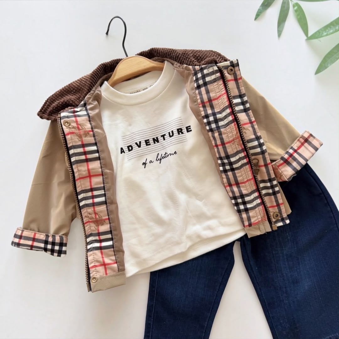 Baby boy three-piece beige jacket, top and jeans outfit