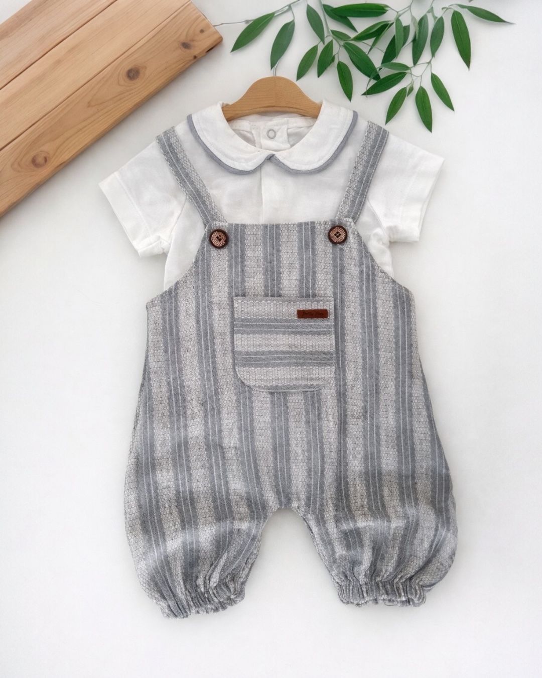 Linen Striped Dungaree & Peter Pan Collar Tee Set