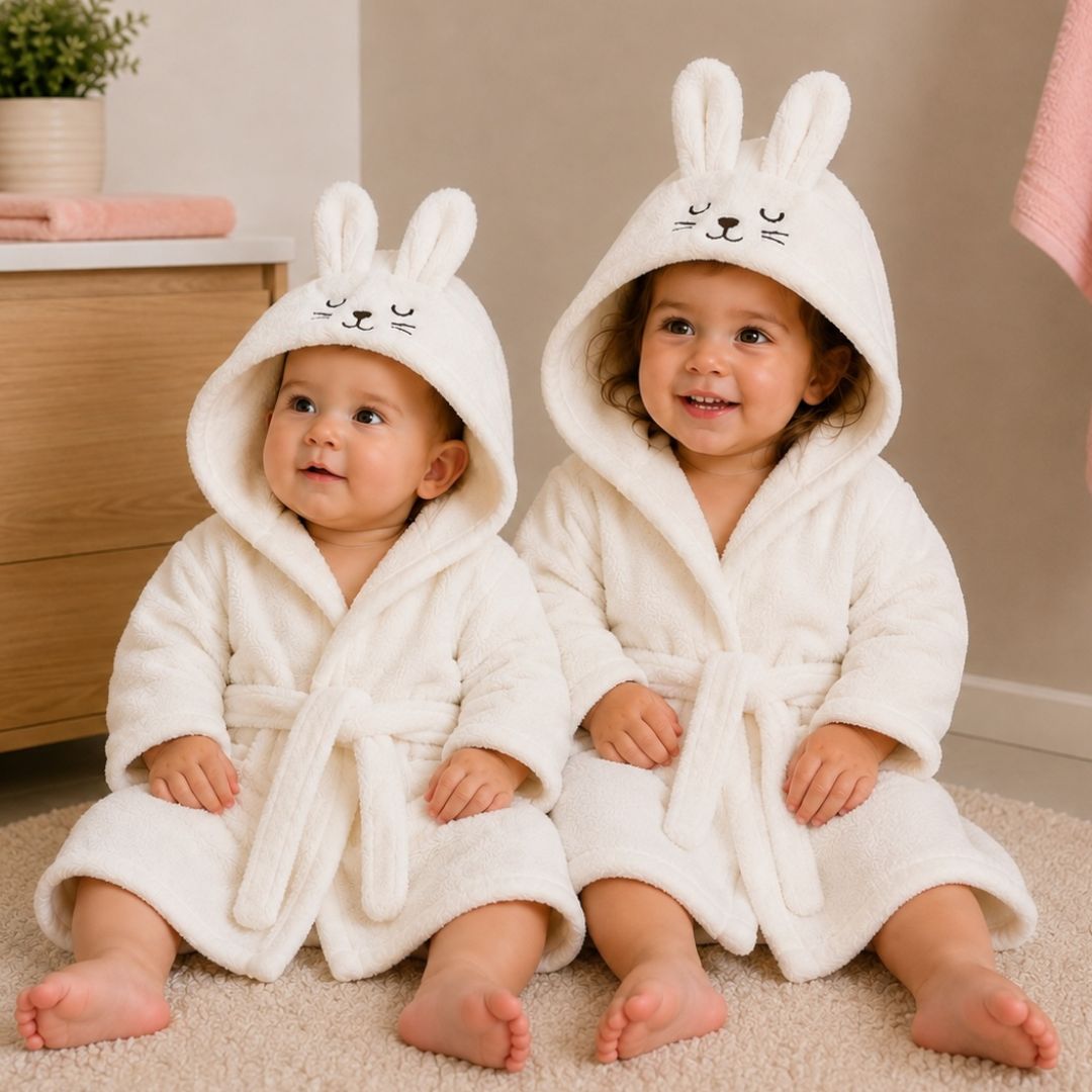 Two babies wearing bunny ears hooded bathrobes