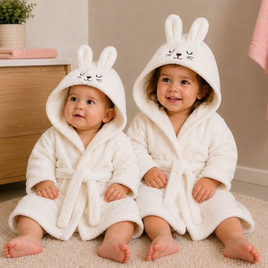 Two babies wearing bunny ears hooded bathrobes