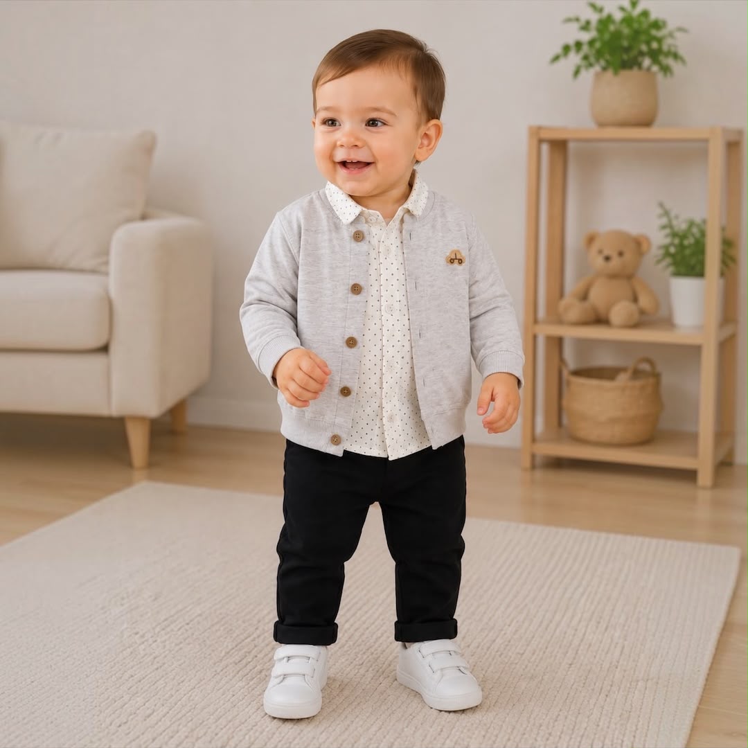 Baby boy wearing grey cardigan set standing smiling