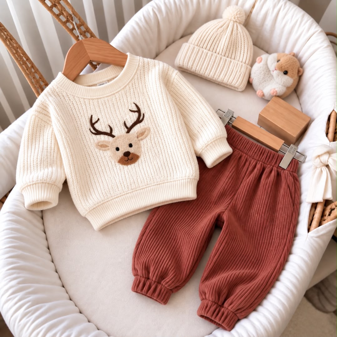 Cream reindeer sweatshirt and rust ribbed trousers with matching pom-pom hat