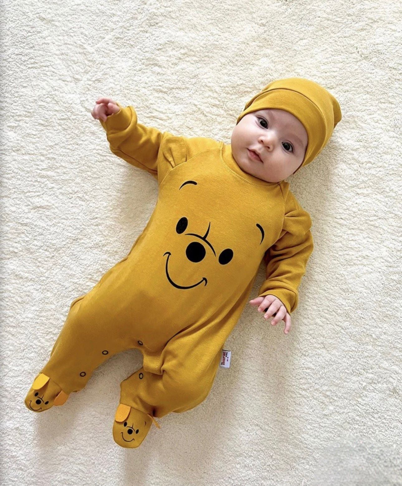 Honey Bear Footed Romper & Hat Set – Mustard