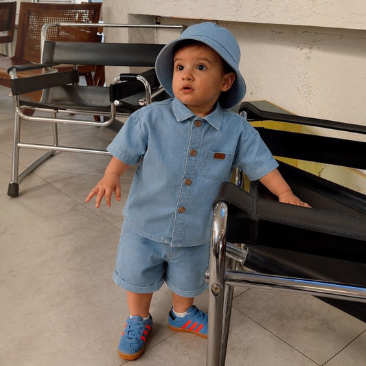 Baby Boys 3-Piece Denim Set – Short Sleeve Shirt, Shorts & Bucket Hat