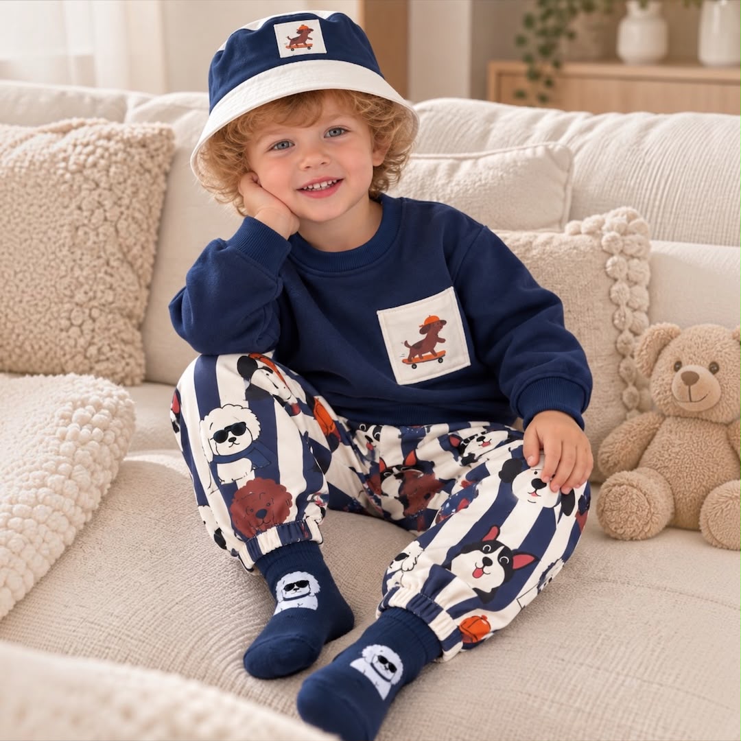 Toddler wearing navy dog print sweatshirt and jogger set with hat on couch