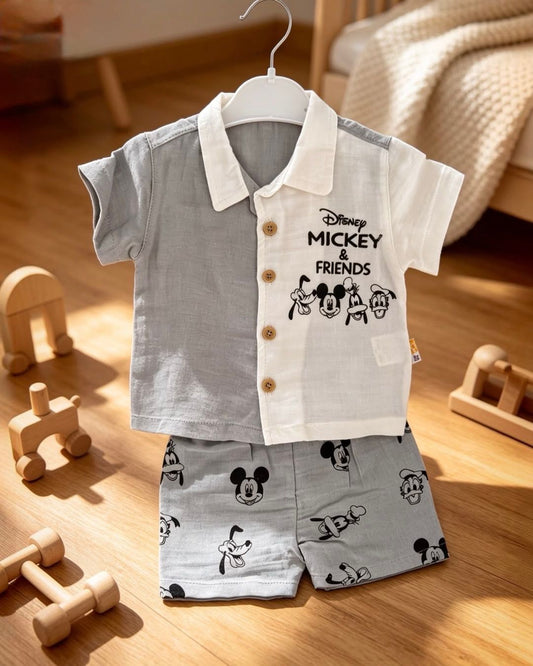 Baby Boy Cartoon Friends Shirt & Shorts Set – Two-Tone Button-Up Summer Outfit