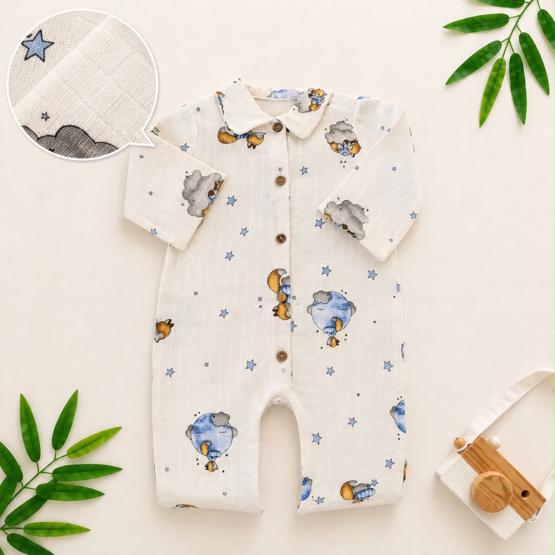 Baby Muslin Romper Star Balloon Print flat lay with wooden toy