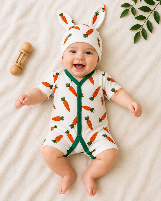 Carrot Print Baby Romper Set with Bunny Ear Hat | Short Sleeve