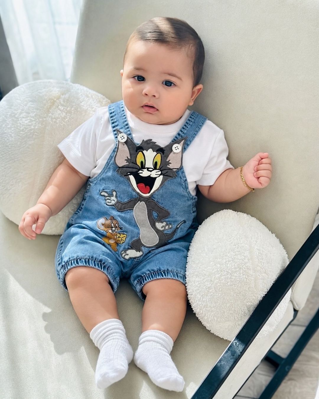 Cat and Mouse Cartoon Baby Denim Dungaree Set | White Tee and Blue Denim Shorts