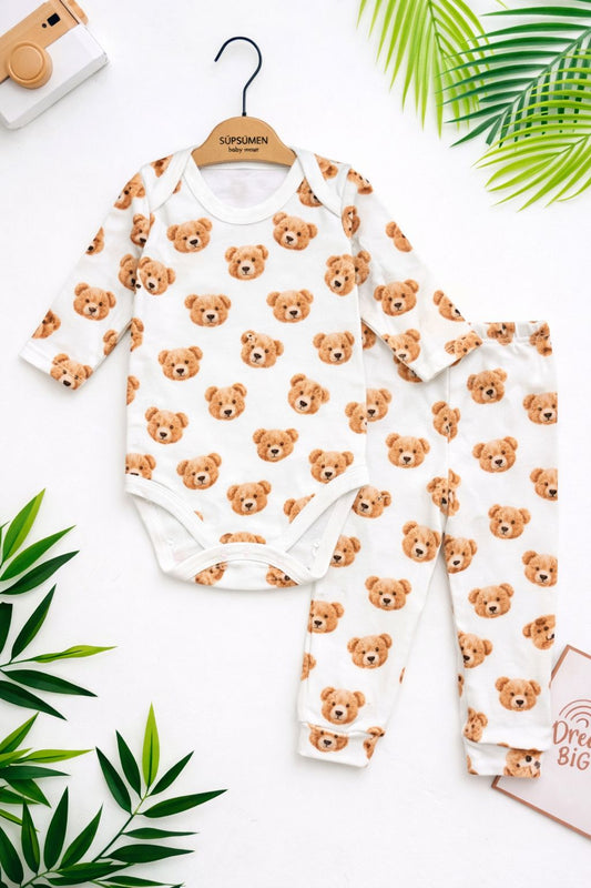 Teddy Bear Print Baby Bodysuit and Pants Set - Cotton Outfit