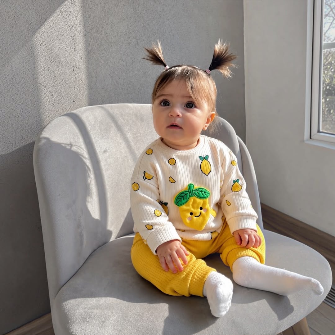 Baby girl wearing Lemon Print Sweatshirt & Yellow Pants Set sitting on grey chair