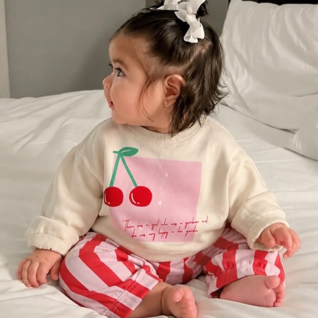Baby wearing cream cherry sweatshirt and red and pink striped trousers