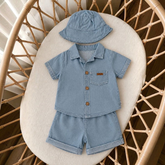 Baby Boys 3-Piece Denim Set – Short Sleeve Shirt, Shorts & Bucket Hat