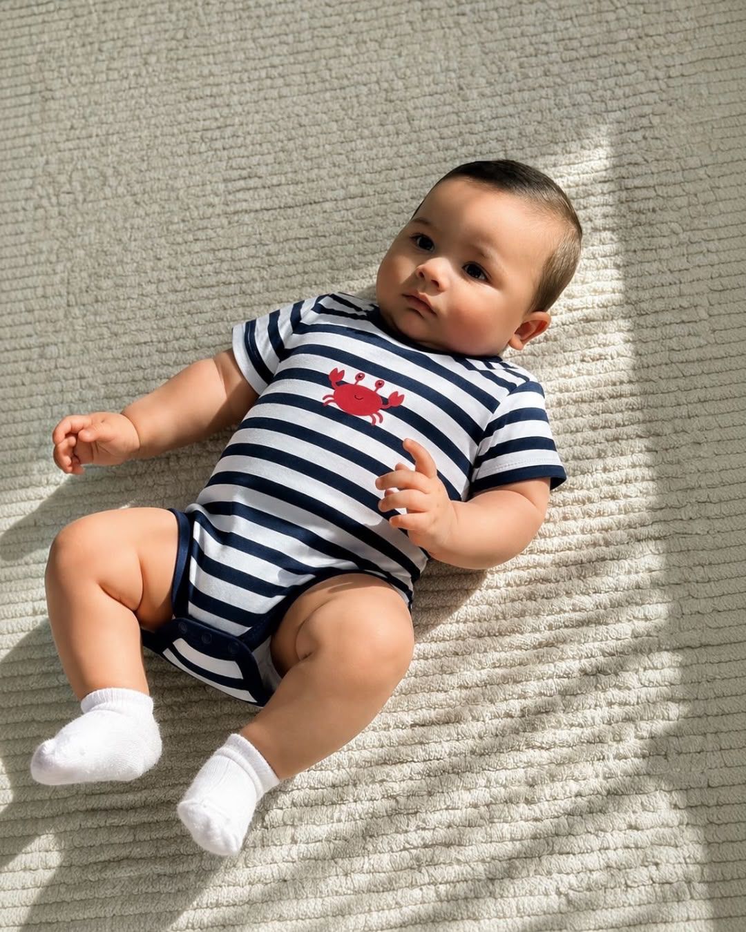 Baby Striped Bodysuit with Crab Embroidery – Navy & White Short Sleeve Romper