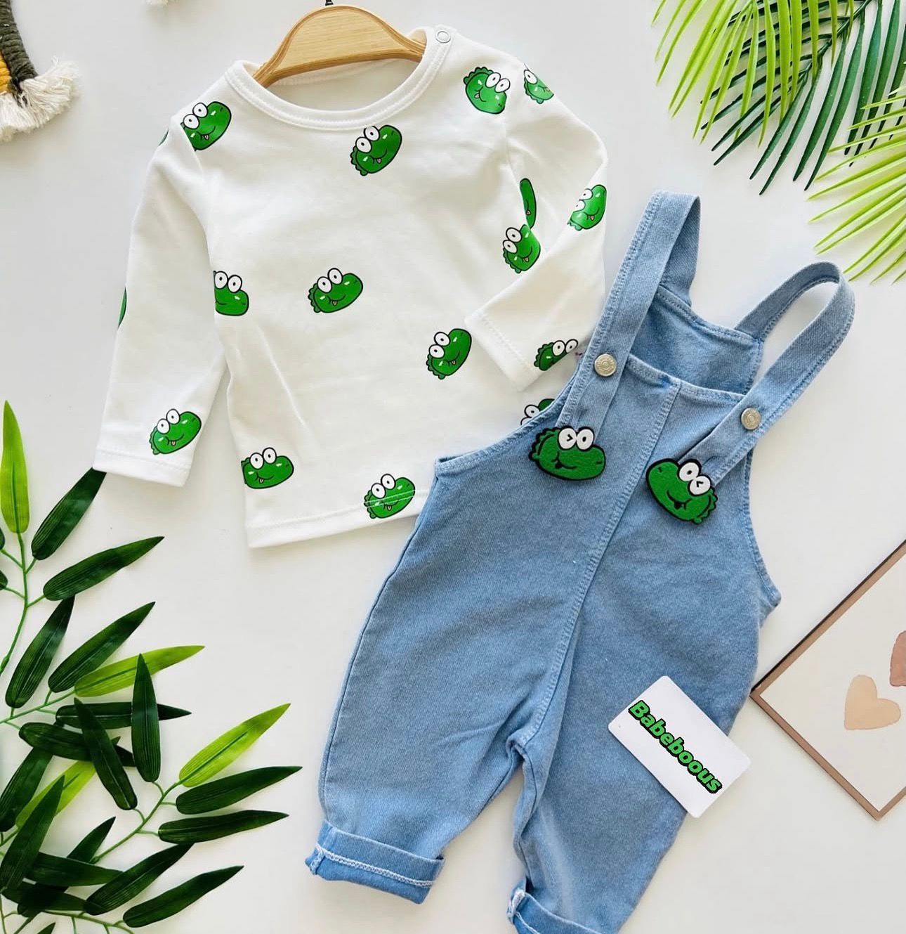 Baby Frog Overalls Set - 2 Piece Denim with Long Sleeve Top