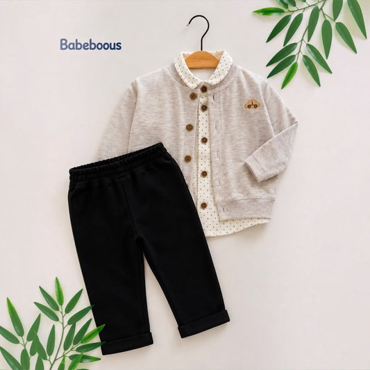 Grey cardigan polka dot shirt & black pants set flat lay on hanger