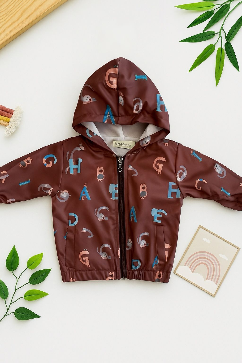 Baby Letter Print Jacket - Brown Hooded Windbreaker