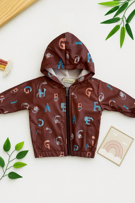 Baby Letter Print Jacket - Brown Hooded Windbreaker