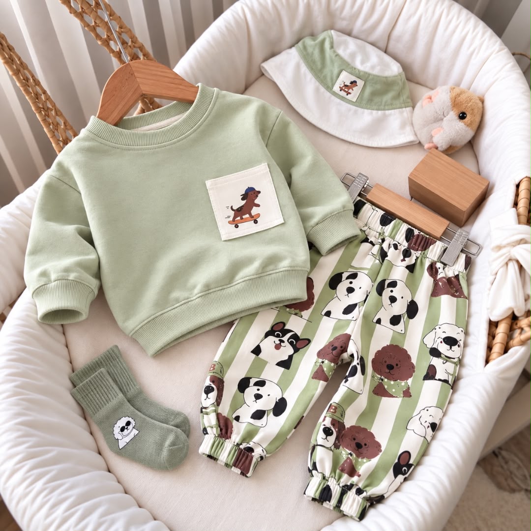 Green dog print baby sweatshirt and jogger set with hat and socks