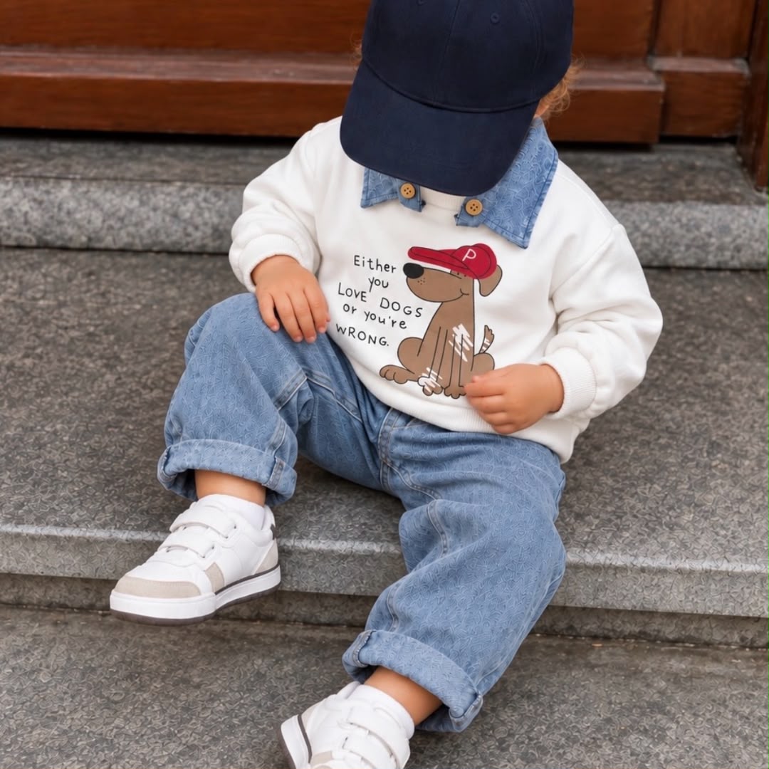 Toddler wearing cream dog-print sweatshirt with blue collar and jeans