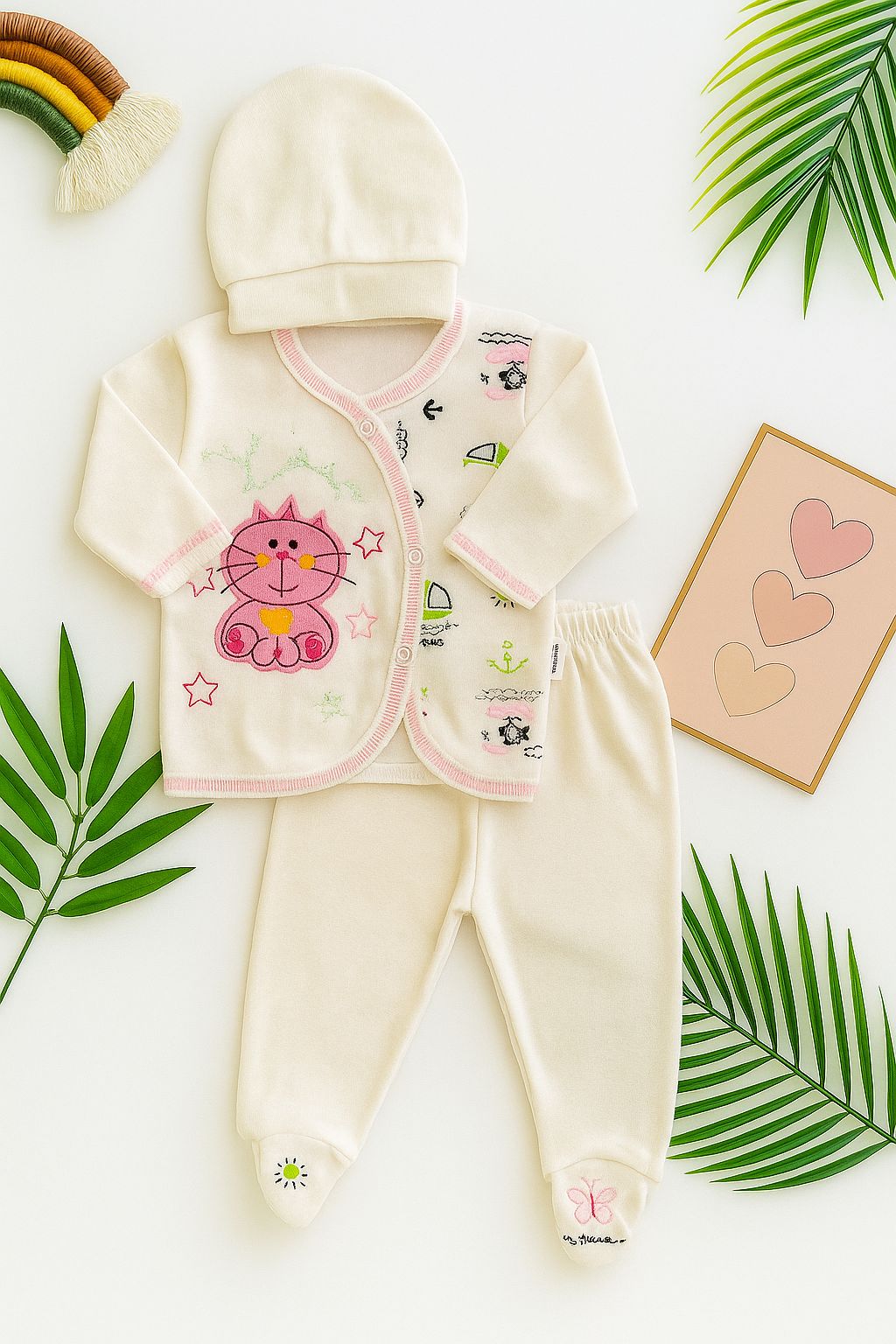 Newborn Baby Set - 5 Piece Layette with Kimono Top & Hat