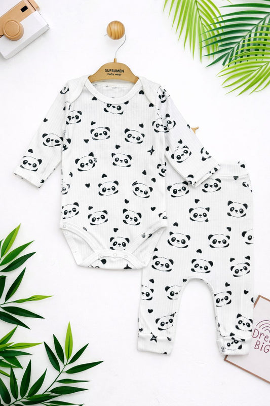 Panda Print Baby Bodysuit and Pants Set - Cotton Outfit