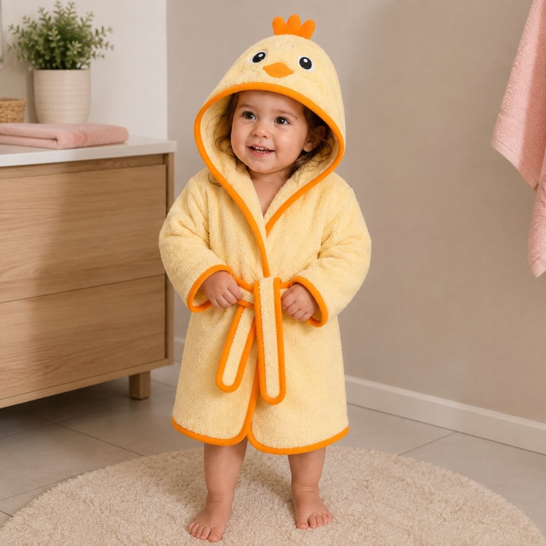 Toddler wearing little chick hooded bathrobe standing in bathroom