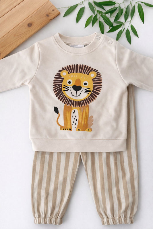 Lion Print Sweatshirt & Striped Jogger Set – Stone