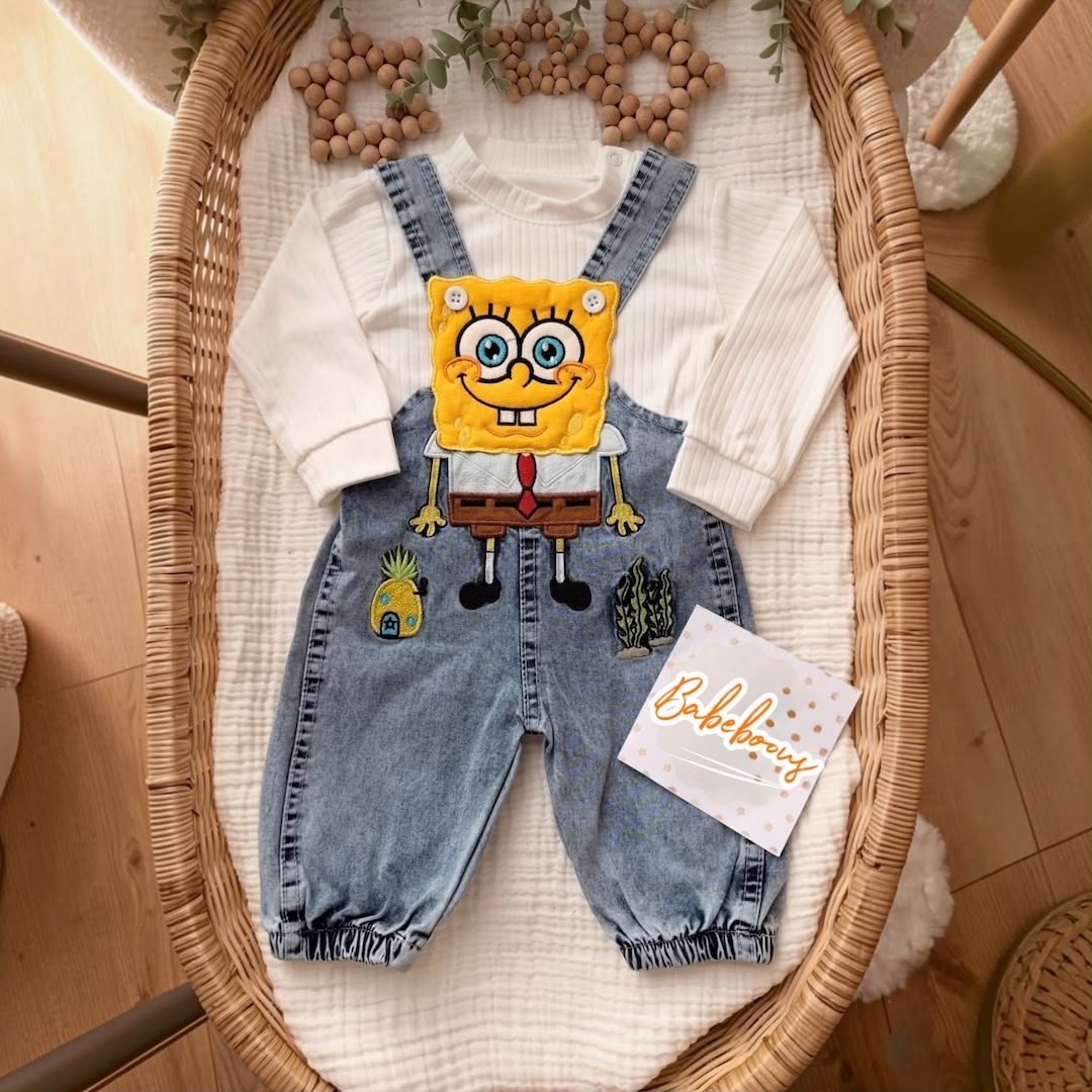 SpongeBob Denim Dungaree Set flat lay in basket with Babeboous tag