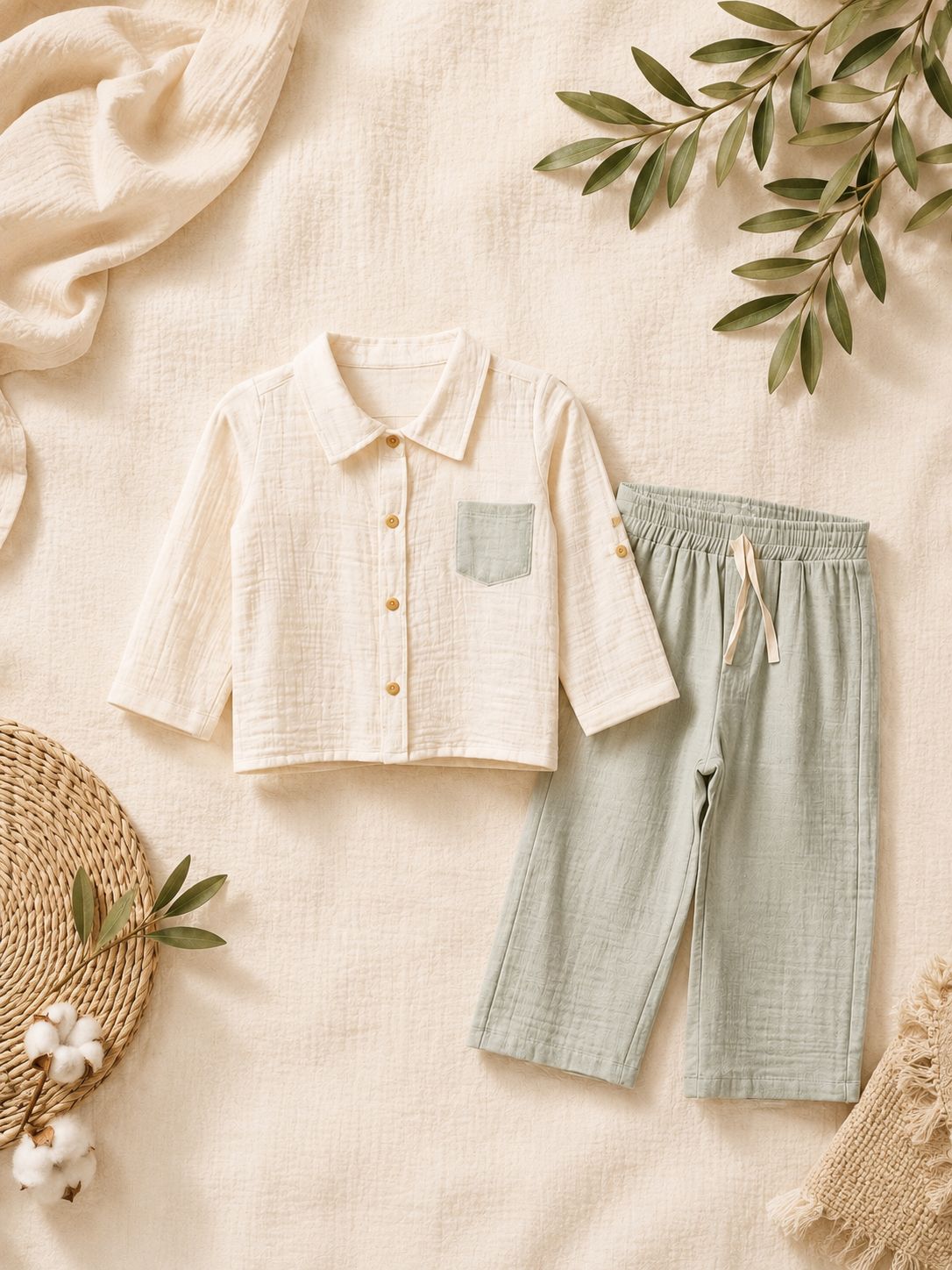 Baby Cream Muslin Shirt & Sage Green Linen Trousers Set