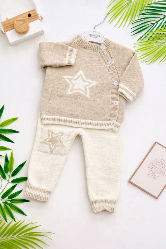 Baby Star Knit Set - Cardigan and Pants in Beige
