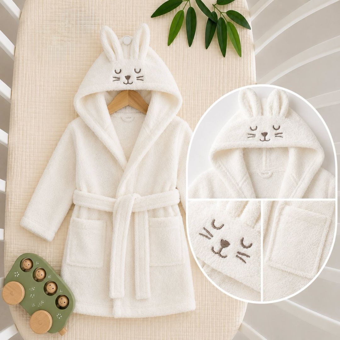 Bunny ears hooded baby bathrobe flat lay with detail close-up