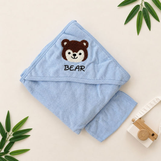 Bear hooded baby towel in sky blue with embroidered bear face and matching washcloth