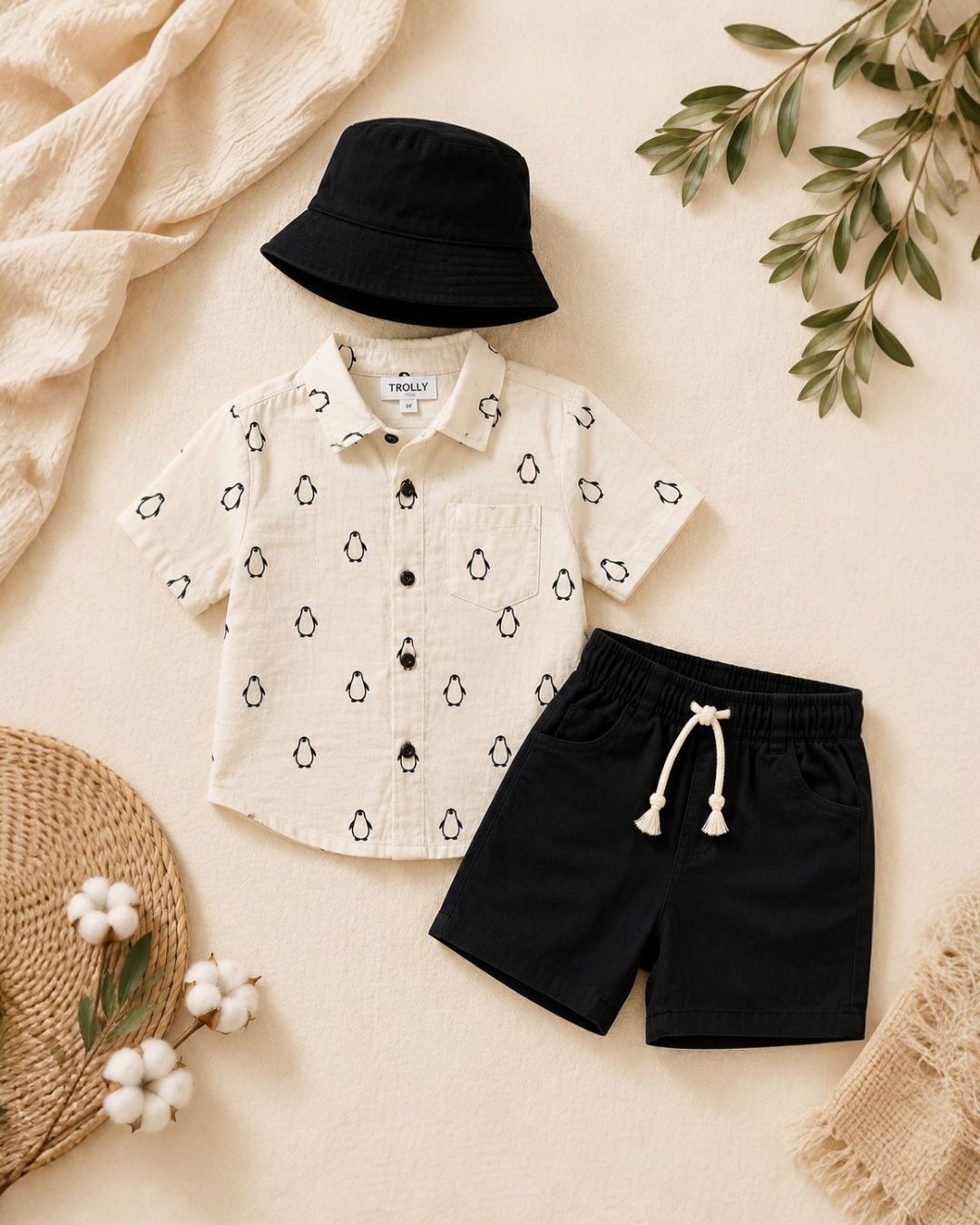 Toddler Penguin Print Shirt & Black Shorts Set with Bucket Hat