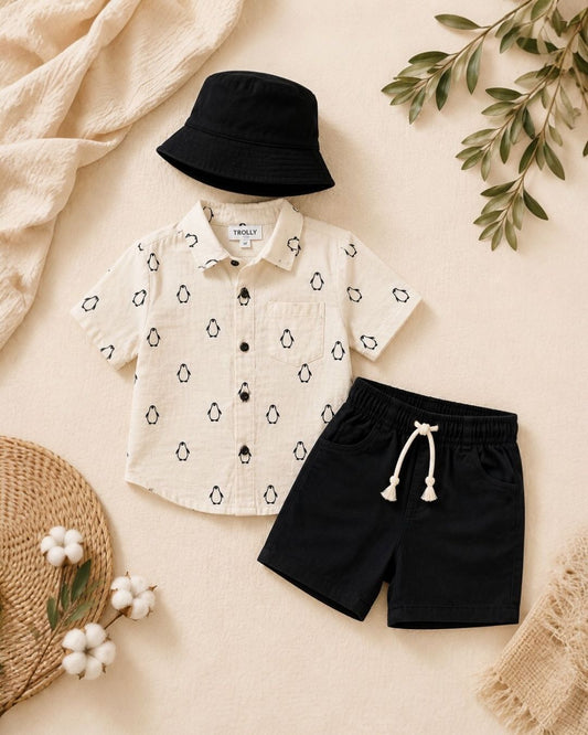 Toddler Penguin Print Shirt & Black Shorts Set with Bucket Hat