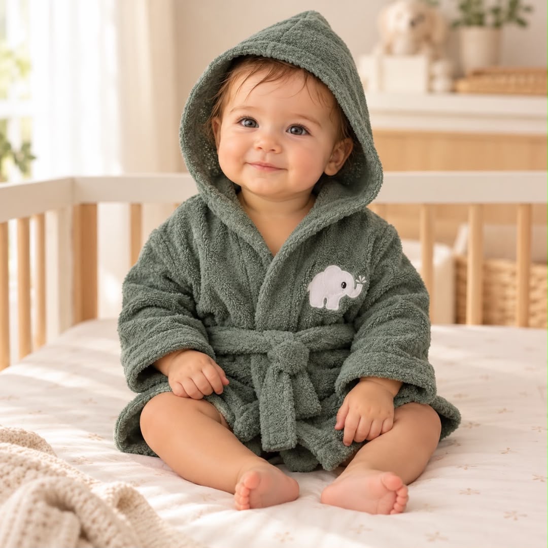 Toddler wearing sage green hooded elephant bathrobe