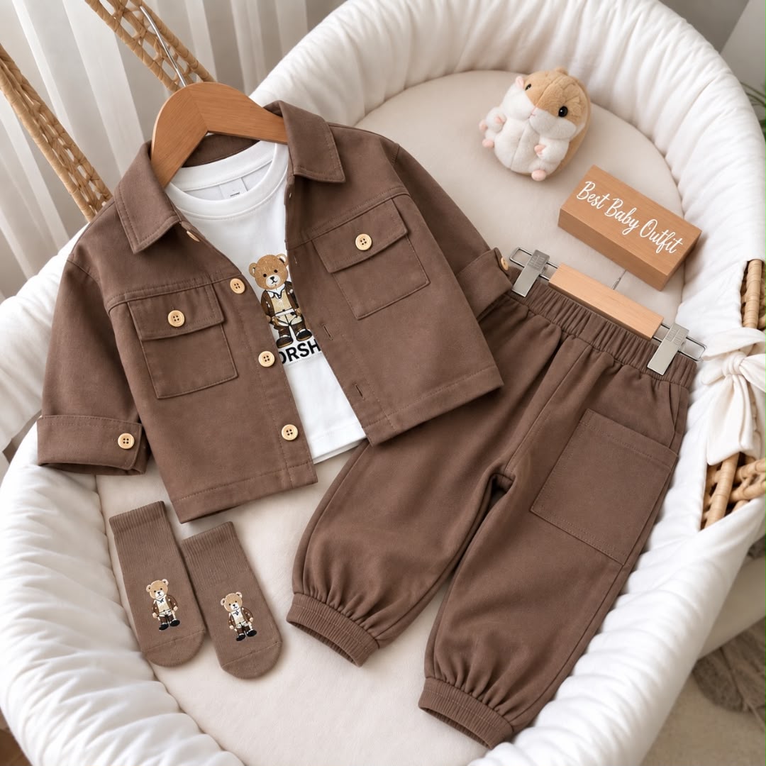 Brown baby overshirt and joggers with white bear T-shirt and matching socks