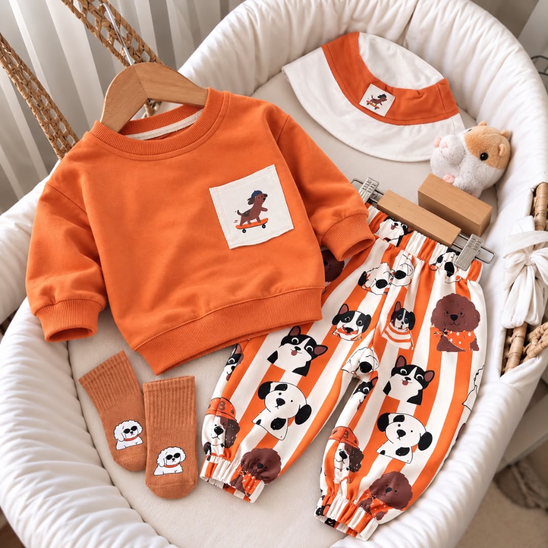 Orange dog print baby sweatshirt and jogger set with hat and socks