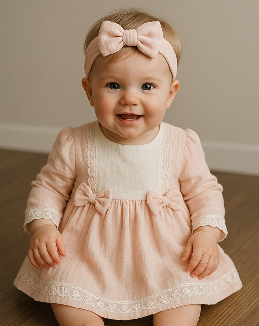 Pink Lace Baby Dress - Long Sleeve Party Dress with Bow