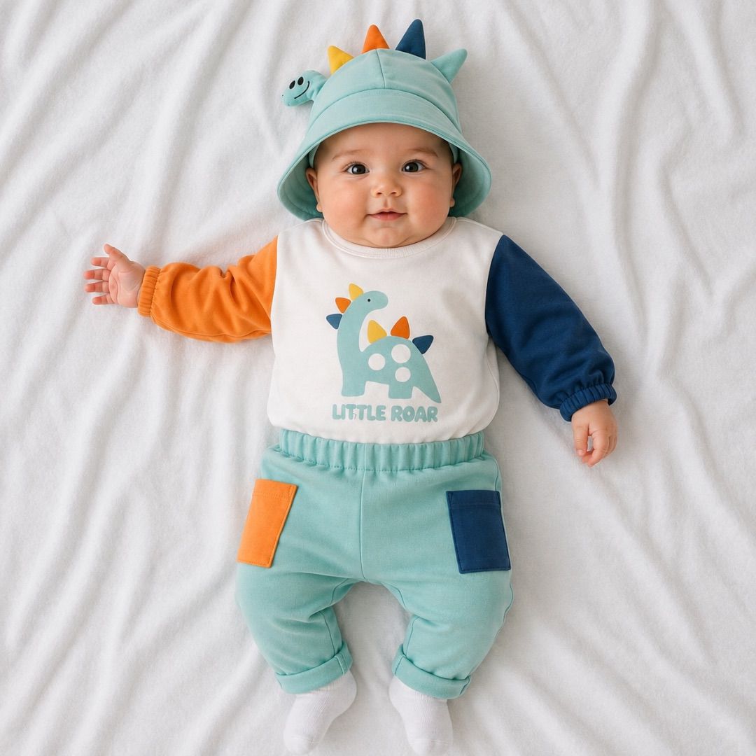 Baby wearing Little Roar Dinosaur Set in Mint with dino bucket hat