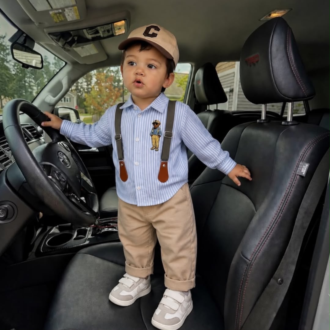 Baby boy wearing Bear Stripe Set in car