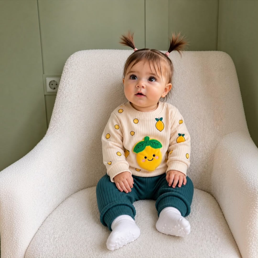Baby girl wearing Lemon Print Sweatshirt & Teal Pants Set sitting on white armchair