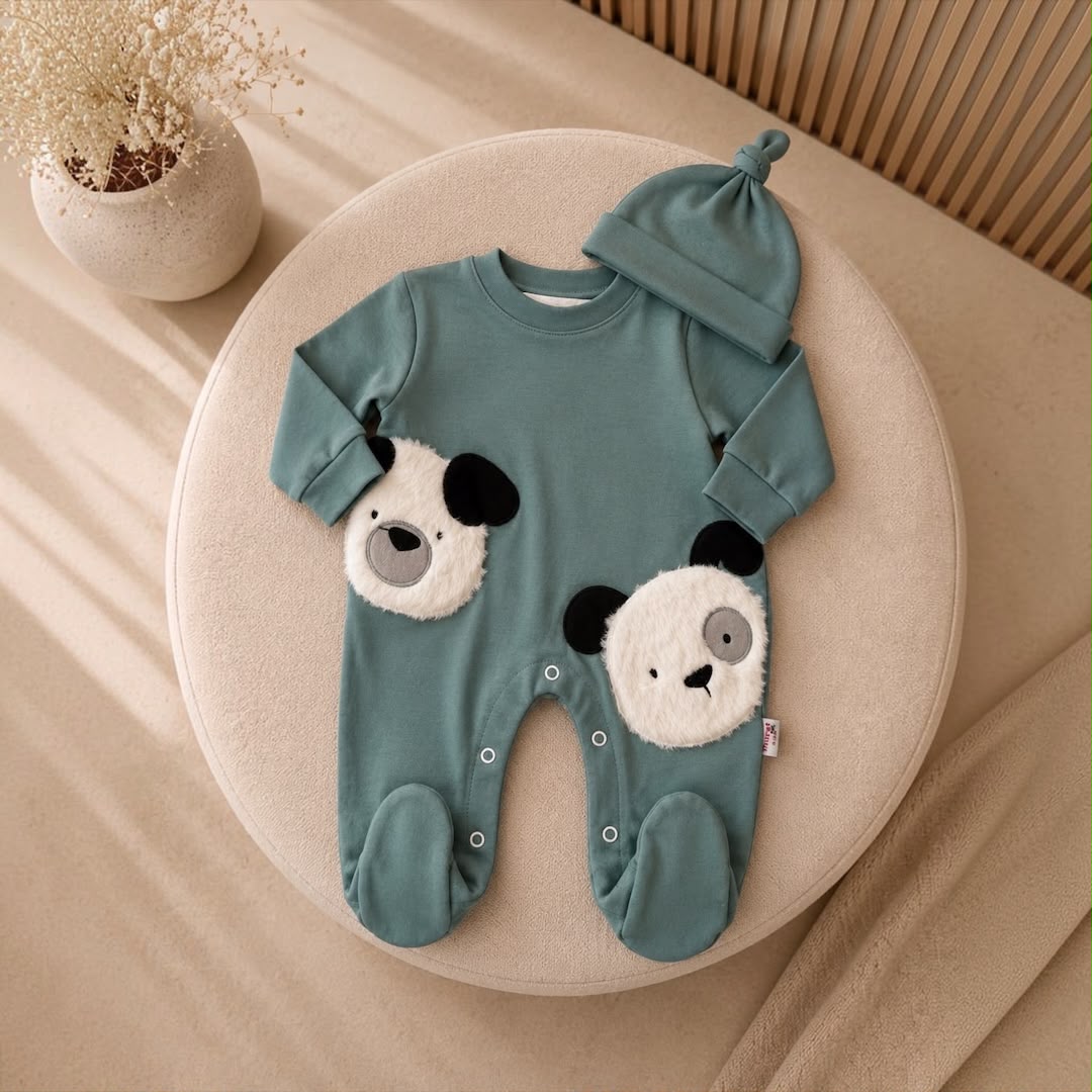 Baby Panda Footed Romper & Knotted Hat Set flat lay on ottoman