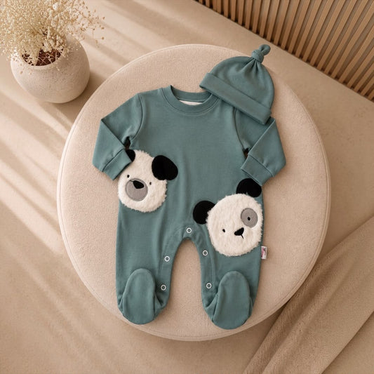Baby Panda Footed Romper & Knotted Hat Set flat lay on ottoman