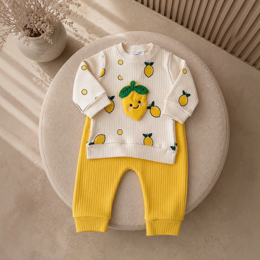 Baby Lemon Print Sweatshirt & Yellow Ribbed Pants Set flat lay on ottoman
