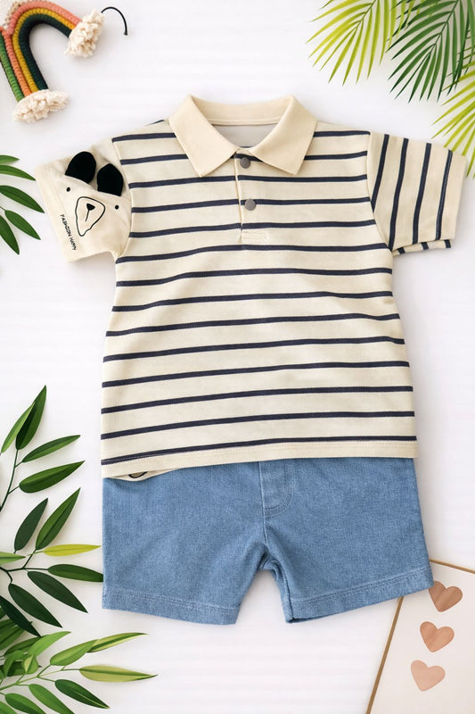 Denim Striped Polo & Shorts Set
