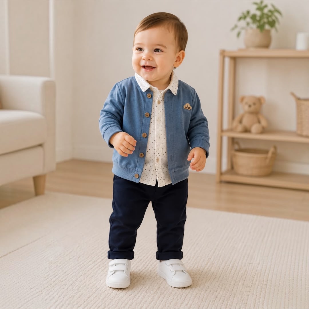 Baby boy wearing blue cardigan set standing smiling
