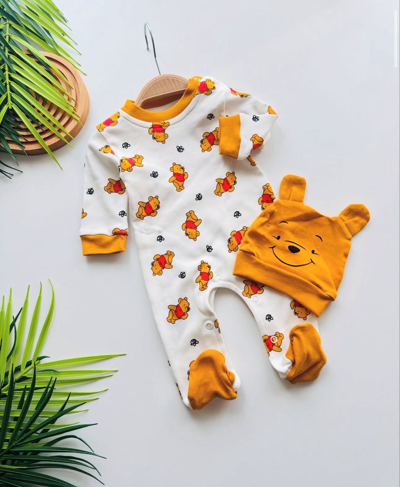 Baby Bear Romper with Hat - Yellow Character Print Set